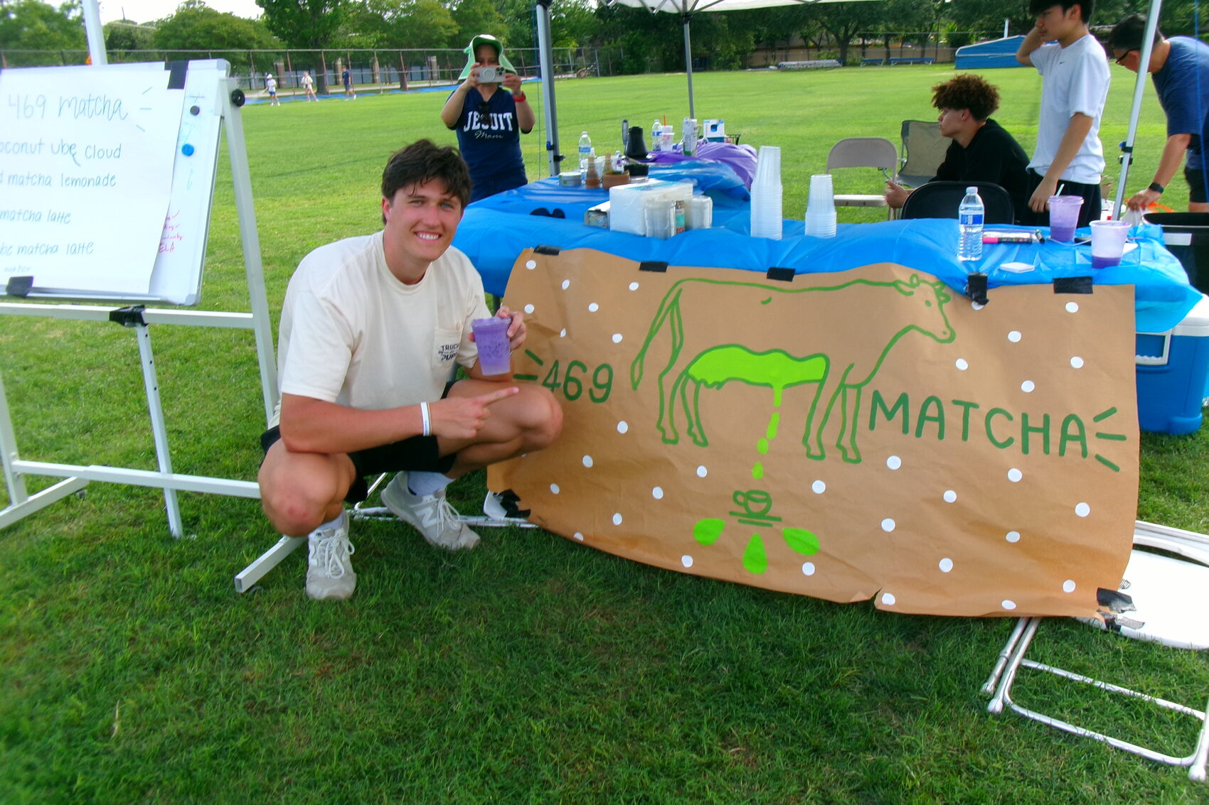 The 469 Matcha table and hand-painted banner at a pop-up