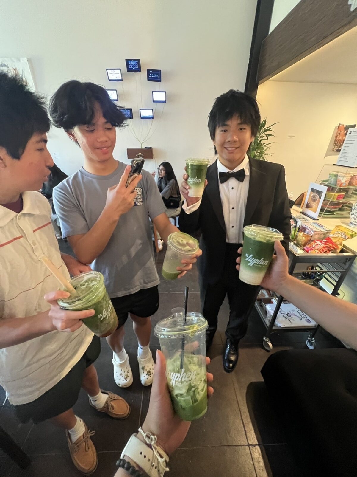Nolan, Nate and Daniel holding matcha